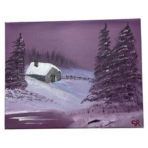 Cabin in the Woods Snowy Scene Purple Sky Oil Painting 8x10